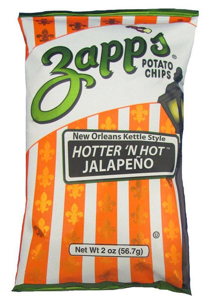 Zapp's Jalapeno Chips 2oz, bright orange and white striped potato chip bag with green and black text, featuring a dark lantern illustration, flavored as New Orleans Kettle Style Hotter 'N Hot Jalapeño.