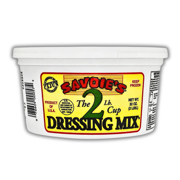 Savoie's Savoies Dressing Mix 32oz, a white plastic container with a colorful label featuring the brand name, product description, and volume details.