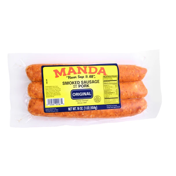 Manda Fine Meats Manda Mild Smoked Pork Sausage Links 1lb, packaged smoked sausage links in vacuum-sealed plastic