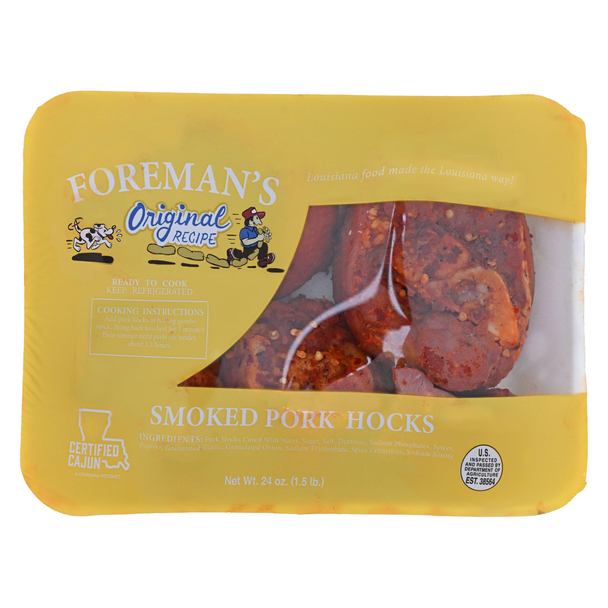 Foreman's Smoked Pork Hocks, packaged smoked pork hocks in a white foam tray with a yellow label, 1.5lb