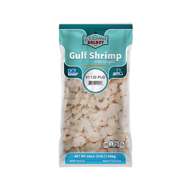 Louisiana Select 3lb Bag 91-130 PUD Shrimp, bag of peeled and deveined Gulf shrimp.