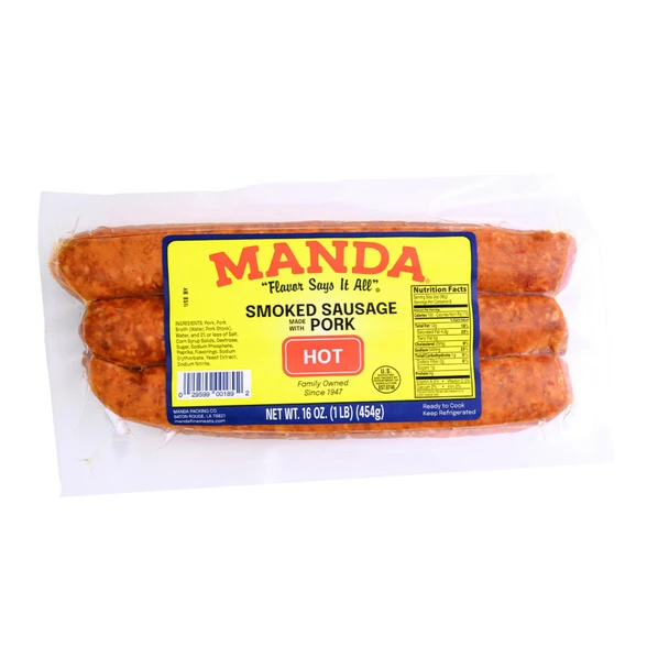 Manda Hot Smoked Pork Sausage Links 1lb, packaged smoked sausages in clear plastic with yellow and red label.