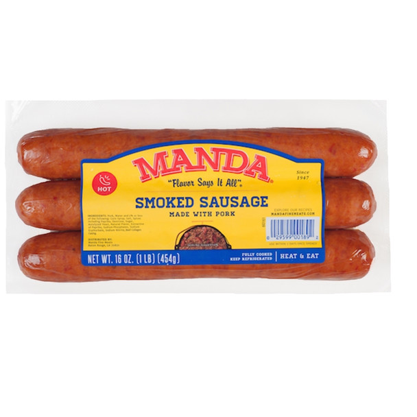 Manda Hot Smoked Pork Sausage Links 1lb package front view
