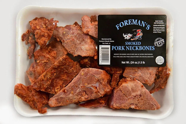 Foreman's Smoked Pork Neckbones 1.5lb, raw smoked pork neckbones in a foam tray with black label.