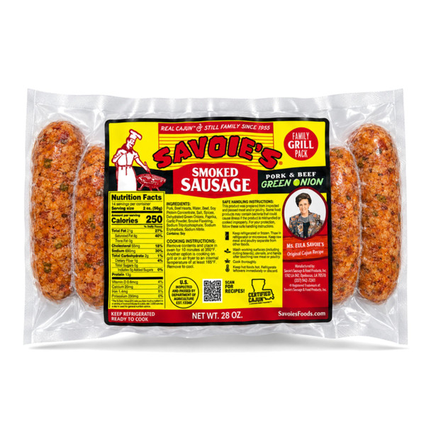 Savoies 16 Links Smoked Mixed Green Onion Sausage 28oz, vacuum-sealed 28-ounce family grill pack of smoked pork and beef sausages with green onion in clear packaging and a bright yellow and red label.