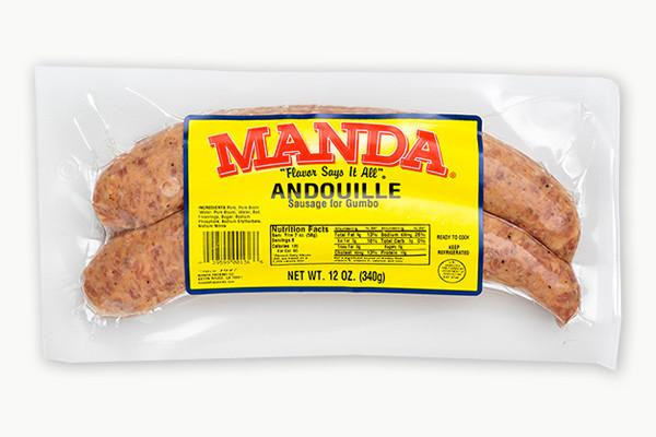 Manda Fine Meats Manda Andouille Links 12oz, packaged raw sausage links in vacuum-sealed plastic packaging with a yellow label.