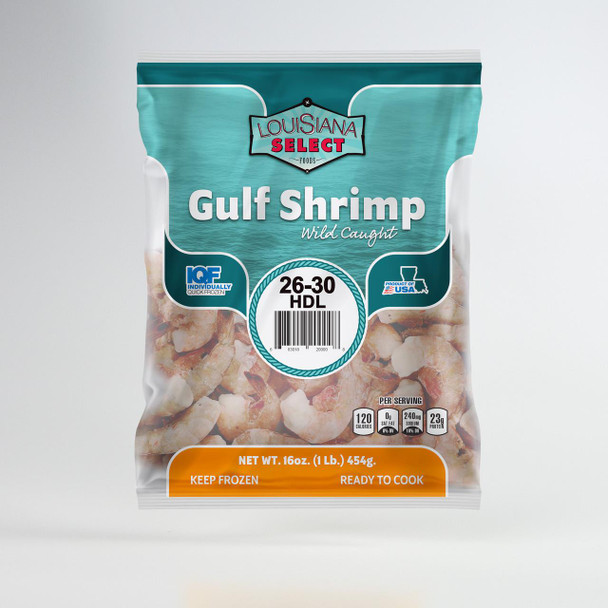 Louisiana Select 1lb BAG 26-30 Headless Shrimp, frozen Gulf shrimp in a packaging bag.