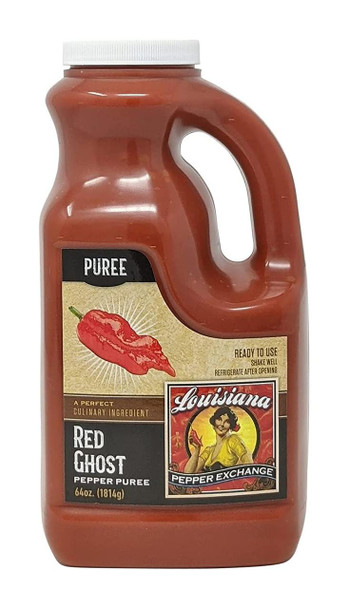 LA Pepper Exchange Ghost Pepper Puree 64oz Louisiana Pepper Exchange, a large plastic container of hot red ghost pepper sauce with a handle and white screw-on cap.