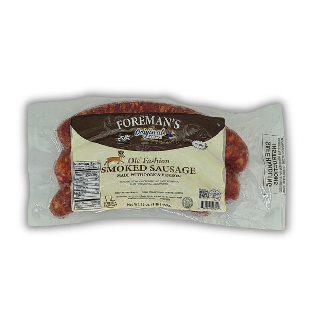 Foreman's Smoked Venison Sausage 1lb, vacuum-sealed package of smoked sausage made with pork and venison.