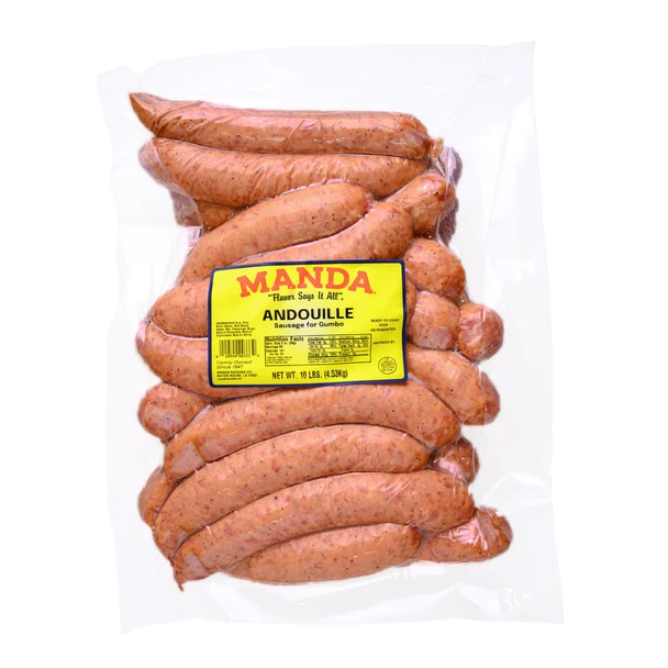 Manda Andouille Links 10lb, packaged raw sausage links for cooking or grilling.