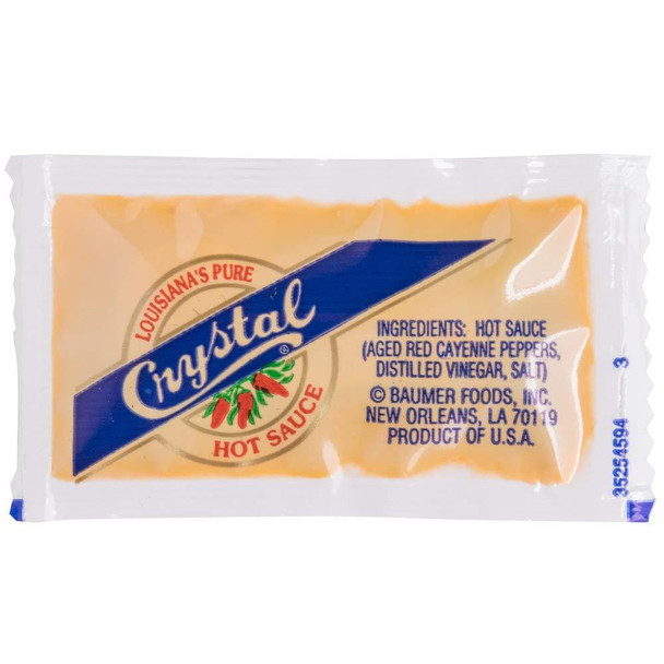 Crystal Hot Sauce 7 gram Packets 200 Ct, individual hot sauce packet with Louisiana's pure hot sauce branding and ingredients listed on the front.
