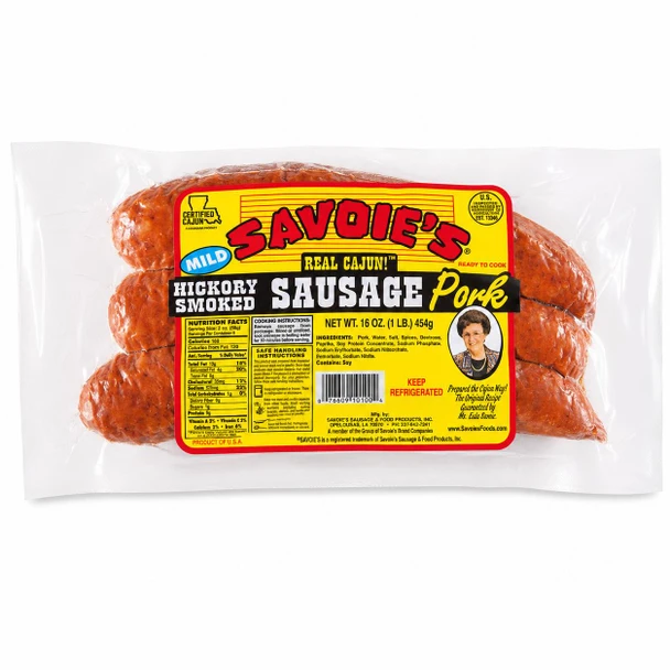 Savoie's Smoked Mild Pork Sausage 16oz, packaged smoked pork sausage with red and yellow label featuring a photo of a woman and nutritional information.