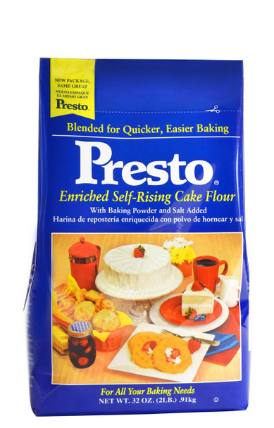 Presto Self Rising Cake Flour 2lb Bag, blue packaging with an image of cakes, cookies, and baked goods.