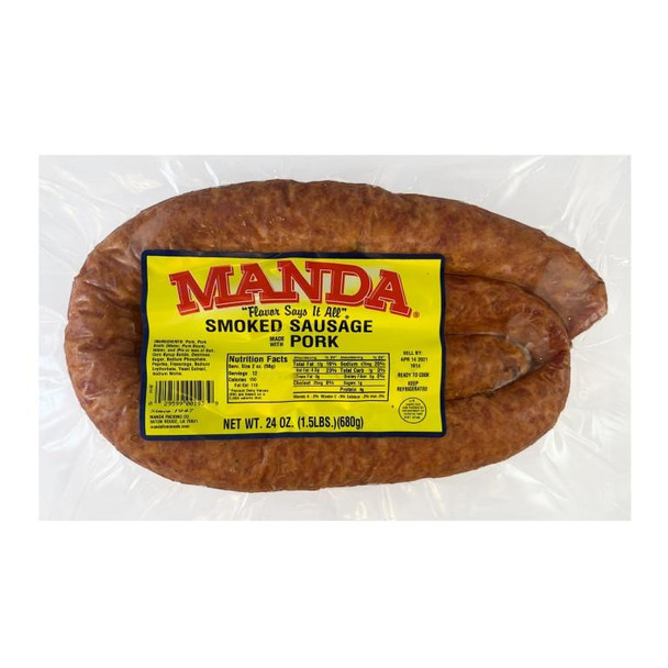 Manda Fine Meats Manda Mild Smoked Pork Sausage 24oz, packaged smoked sausage in a clear plastic wrapping with a bright yellow label displaying product details.