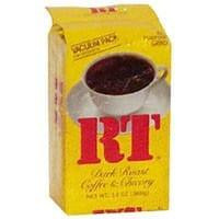 RT Coffee Dark Roast C&C Reg 13oz, image showing the yellow packaging with a cup of dark roasted coffee and bold red RT logo