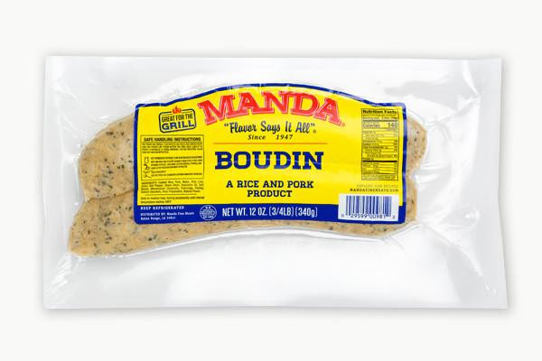 Manda Fine Meats Manda Pork Boudin 12oz, packaged rice and pork sausage in clear vacuum-sealed plastic.