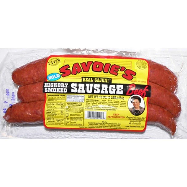 Savoie's Savoies Smoked Mild Beef Sausage 16oz, packaged smoked beef sausage sausages with yellow and red label.