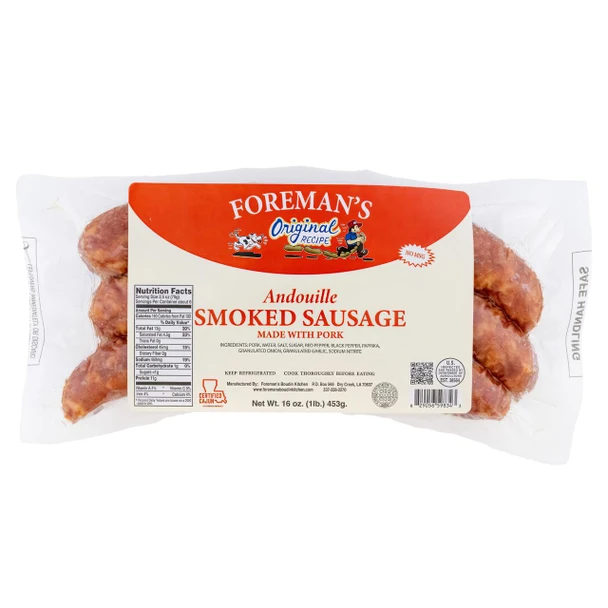 Foreman's Andouille Smoked Sausage, packaged pork sausage links in clear plastic bag with red and white label.