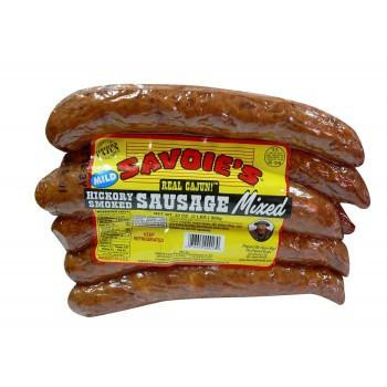 Savoie's Savoies Smoked Mixed Mild Sausage 32oz, multiple smoked sausages stacked with a colorful label showing product details.