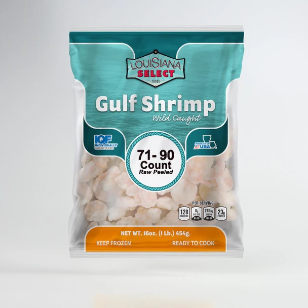 Louisiana Select 1lb BAG 71-90 PUD Shrimp, frozen raw peeled Gulf shrimp in a clear plastic bag with blue, white, and orange packaging design.