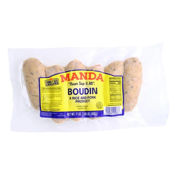 Manda Fine Meats Manda Pork Boudin Family Pack 2.25lb, packaged rice and pork boudin sausages in clear plastic wrapping with a bright yellow and blue label.