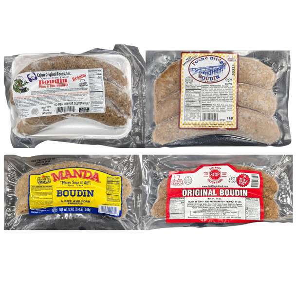 Creole Foods of Louisiana Boudin Sampler Kit, assortment of four different packaged boudin sausage products.