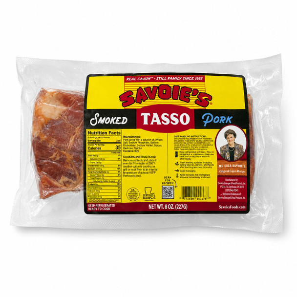 Savoies Pork Tasso 8oz, packaged smoked pork product with a transparent section showing the seasoned and cured pork inside.