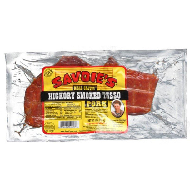 Savoie's Savoies Pork Tasso 8oz, packaged smoked seasoned pork meat in clear plastic packaging with a colorful label.