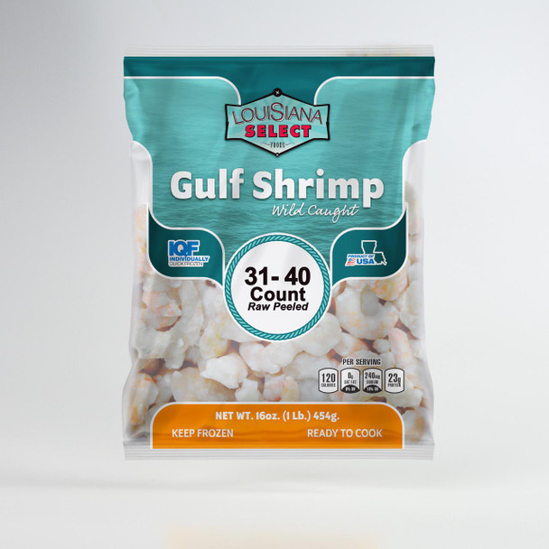Louisiana Select 1lb BAG 31-40 PUD Shrimp, frozen wild caught gulf shrimp in a sealed plastic bag.