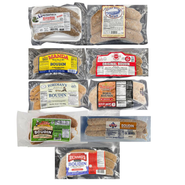 Ultimate Boudin Sampler Kit, assortment of eight packaged boudin sausages from various brands with different labels and flavors.