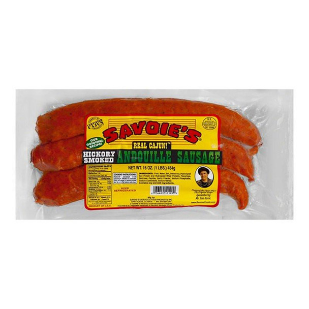 Savoie's Savoies Andouille 16oz, preserved smoked Cajun sausage in clear packaging with colorful label.
