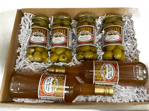 Creole Foods of Louisiana Boscoli Martini Kit, a gift set of four jars of stuffed olives in different flavors and a bottle of Martini OIl.