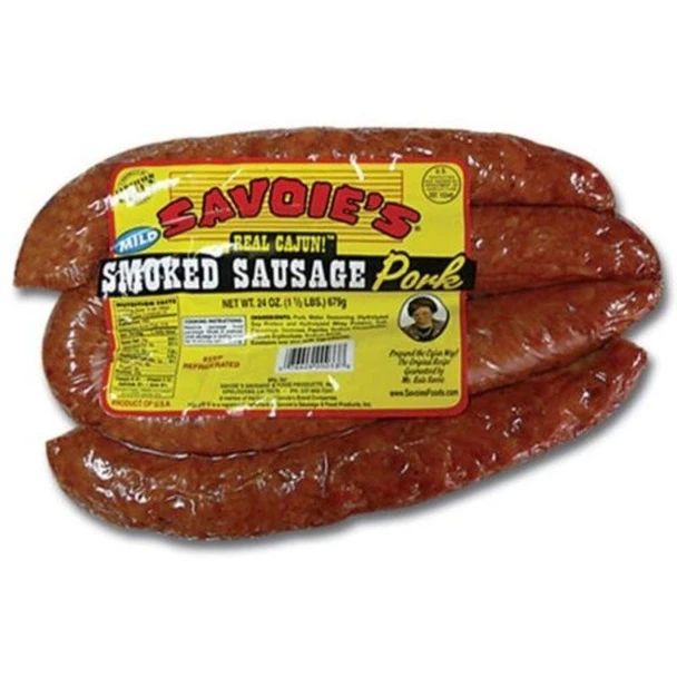 Savoie's Savoies Smoked Mild Pork Sausage 24oz, packaged smoked sausage with a yellow label and red text.