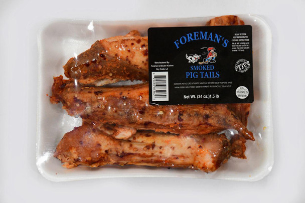Foreman's Pig Tails, 1.5 lb smoked pig tails in a retail plastic tray with black label.