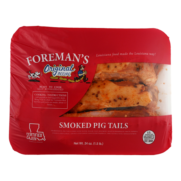 Foreman's Pig Tails, 1.5 lb smoked pig tails in a retail plastic tray with red label.