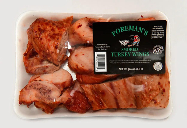 Foreman's Turkey Wings 24oz, smoked turkey wings in a plastic tray with a black label.