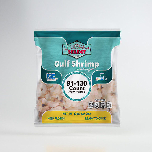 Louisiana Select 12oz BAG 91-130 PUD Shrimp, raw peeled wild caught Gulf shrimp in a packaged bag.