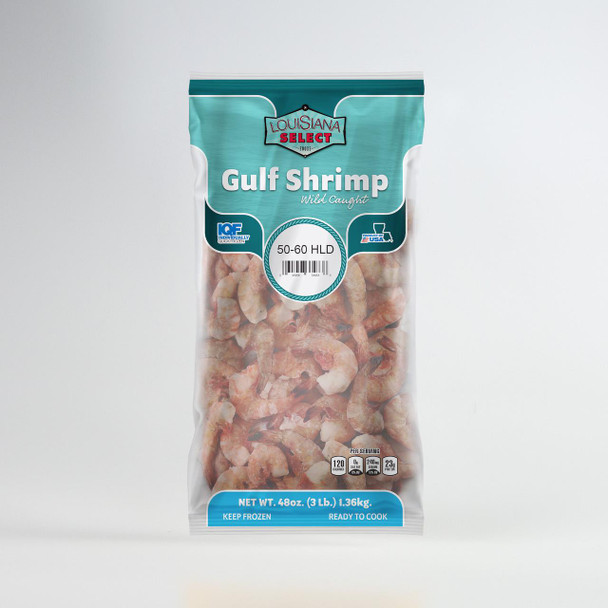 Louisiana Select 3lb BAG 50-60 Headless Shrimp, frozen shrimp in a teal and clear plastic bag with product label.