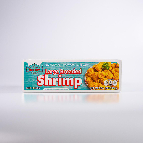 Louisiana Select Breaded Shrimp, 2lb frozen seafood product with crispy breaded shrimp on the packaging label.