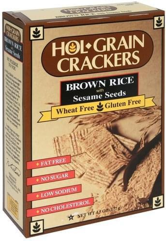 Conrad Rice Mill Hol Grain Rice Crackers with Sesame Seeds 4.5oz, image showing the packaging of brown rice crackers with sesame seeds, gluten-free, wheat-free, fat-free, no sugar, low sodium, and no cholesterol.