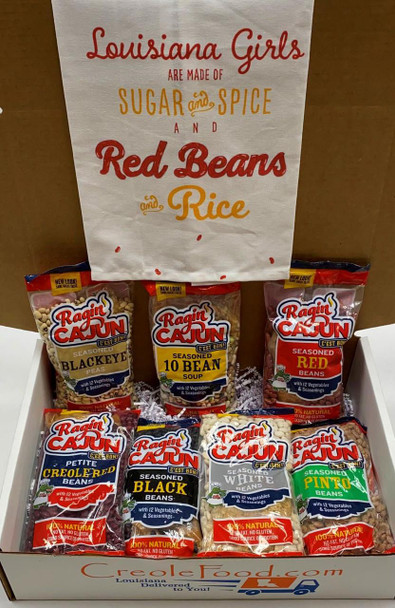 Creole Foods of Louisiana Loved Bayou Bean Basket Gift Box, a collection of seasoned beans including blackeyed peas, 10 bean soup, red beans, petite creole red beans, black beans, white beans, and pinto beans in colorful packaging.