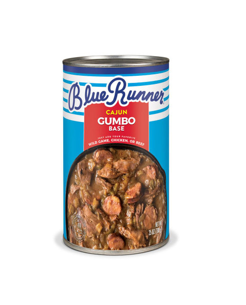 Blue Runner Cajun Gumbo Base 25oz, canned gumbo base with chicken, sausage, and vegetables in a metal can.