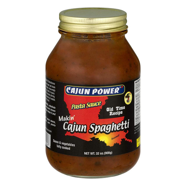 Cajun Power Cajun Spaghetti 32 oz, jar of Cajun spaghetti sauce with a black label featuring red and yellow accents, and an image of Louisiana mapped with a sunset silhouette.