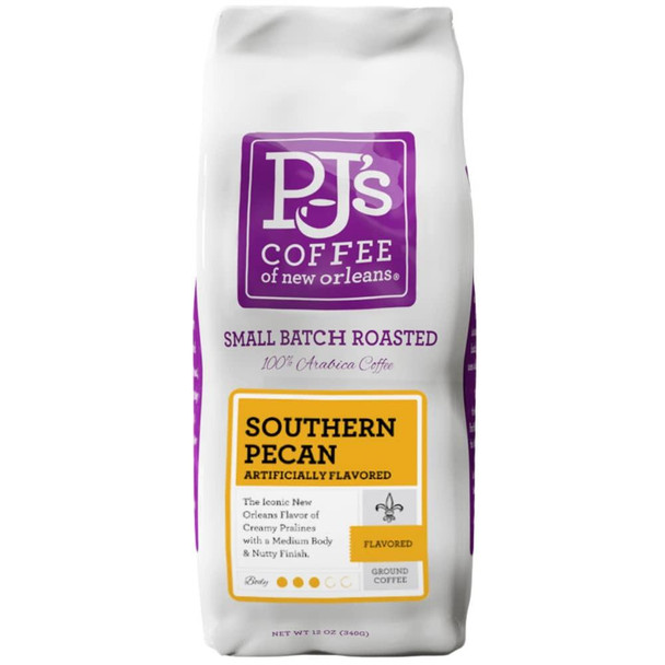 PJ's Coffee Southern Pecan 12oz Ground Coffee, a bag of flavored ground coffee with Southern Pecan flavor from PJ's Coffee of New Orleans.