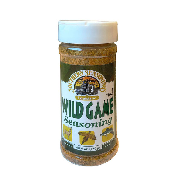 Ragin Cajun Wild Game Seasoning 6oz, bottle of Louisiana wild game seasoning with a green and white label featuring images of a deer, a moth, a fish, and Louisiana scenery.