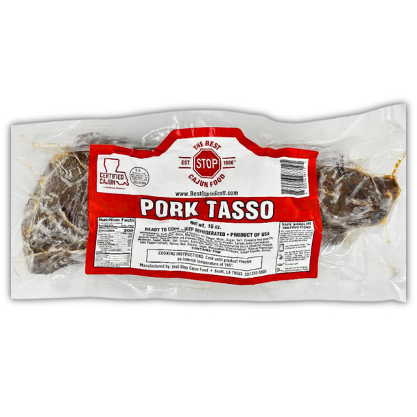 The Best Stop Pork Tasso 16oz, packaged smoked pork sausage in a clear vacuum-sealed plastic bag with a red and white label.