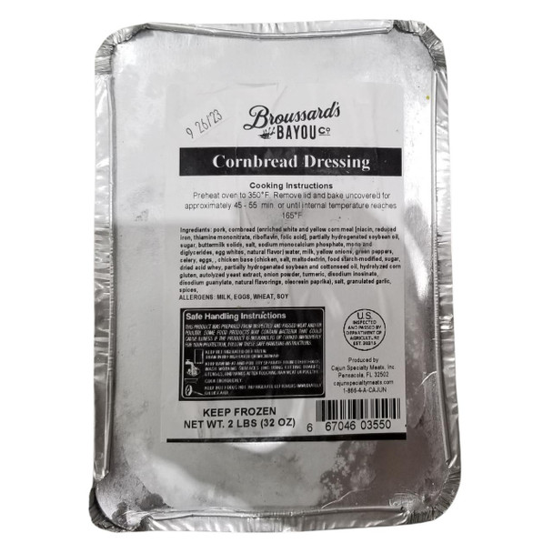 Broussard's Bayou Broussards Bayou Company Cornbread Dressing 32oz, packaged aluminum tray with product label showing ingredients and cooking instructions.