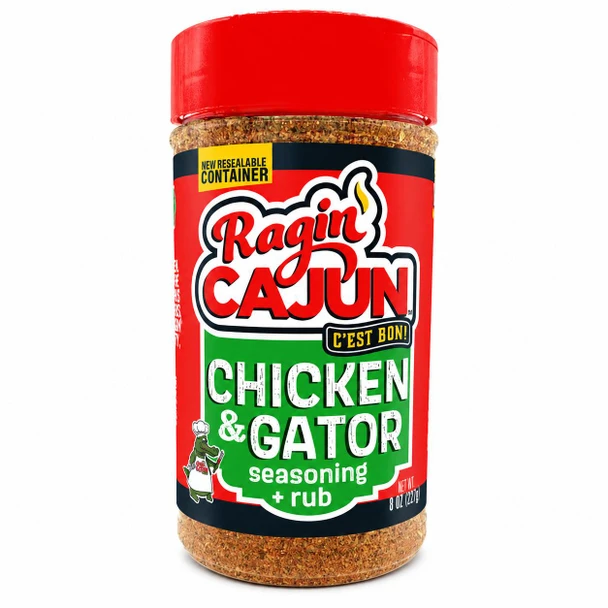 Ragin Cajun 8oz Chicken or Gator Cajun Seasoning & Rub, a colorful jar with a red lid and label featuring bold red, green, black, and white design, and a cartoon gator dressed as a chef.