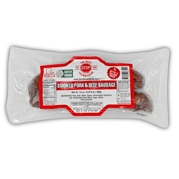 The Best Stop Smoked Pork & Beef Sausage 14oz, packaged smoked sausage with red and white label showing product details and nutritional information.