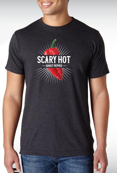 Ghost TShirt, black casual men's t-shirt featuring a fiery red ghost pepper with the text Scary Hot Ghost Pepper.